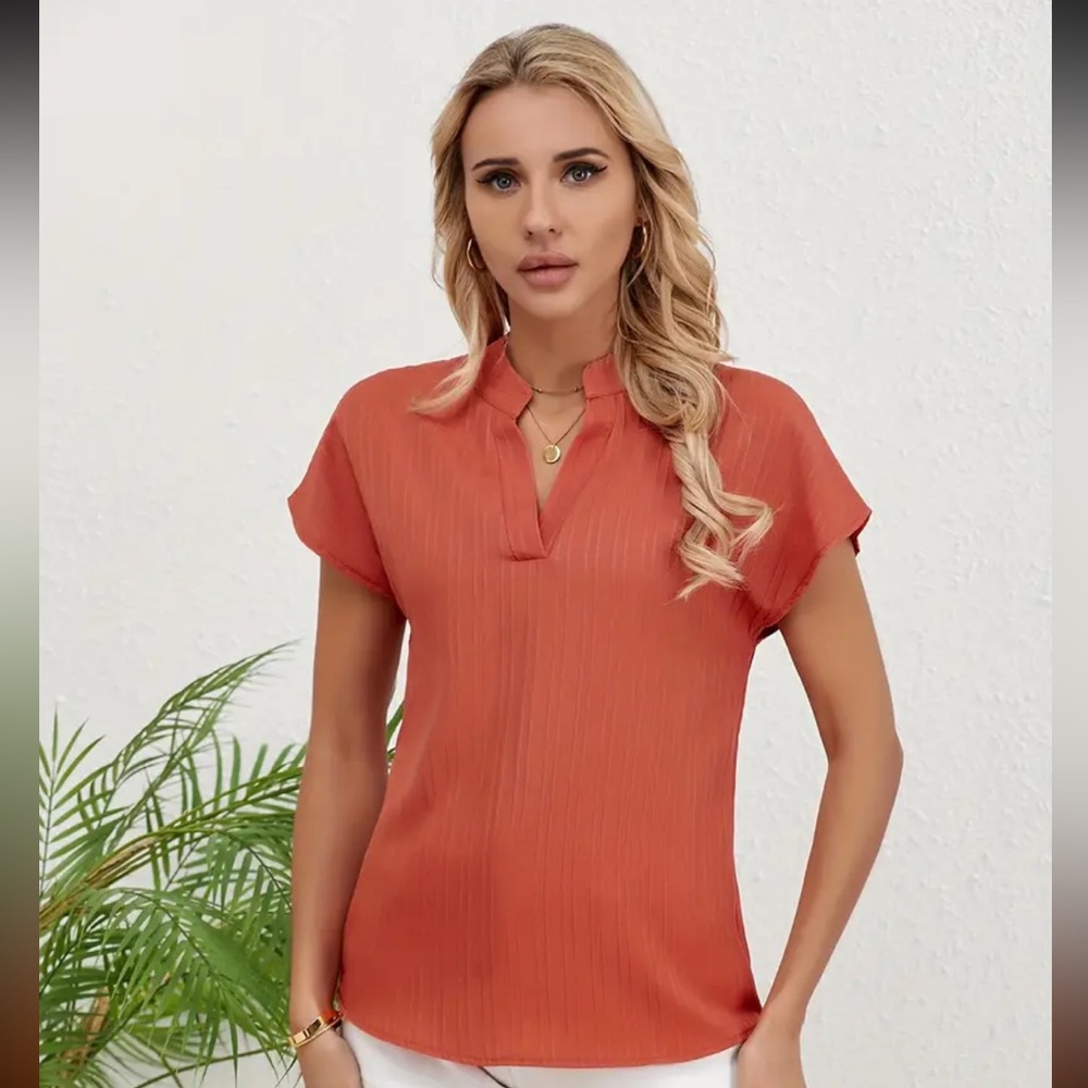 Salmon Notched V-Neck Blouse
